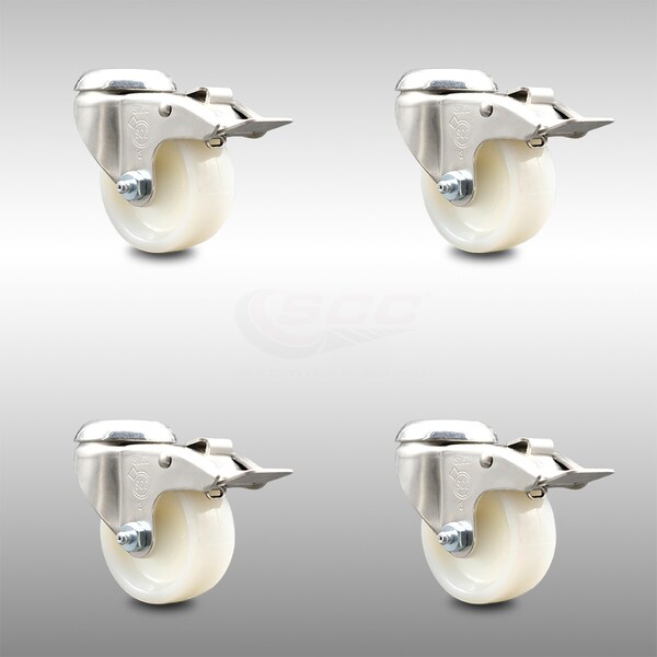 3 Inch 316SS Nylon Wheel Swivel Bolt Hole Caster Set with Lock Brake SCC